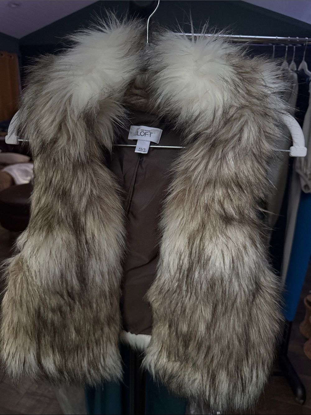 LOFT Taupe and White Faux Fur Vest